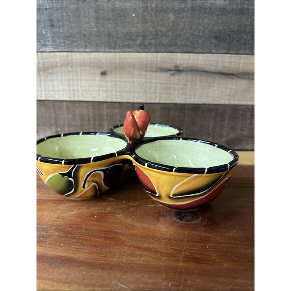 Clay Art Condiment Bowls 3 Section Jalapeño Handle Salsa Chili Pepper - Picture 2 of 7
